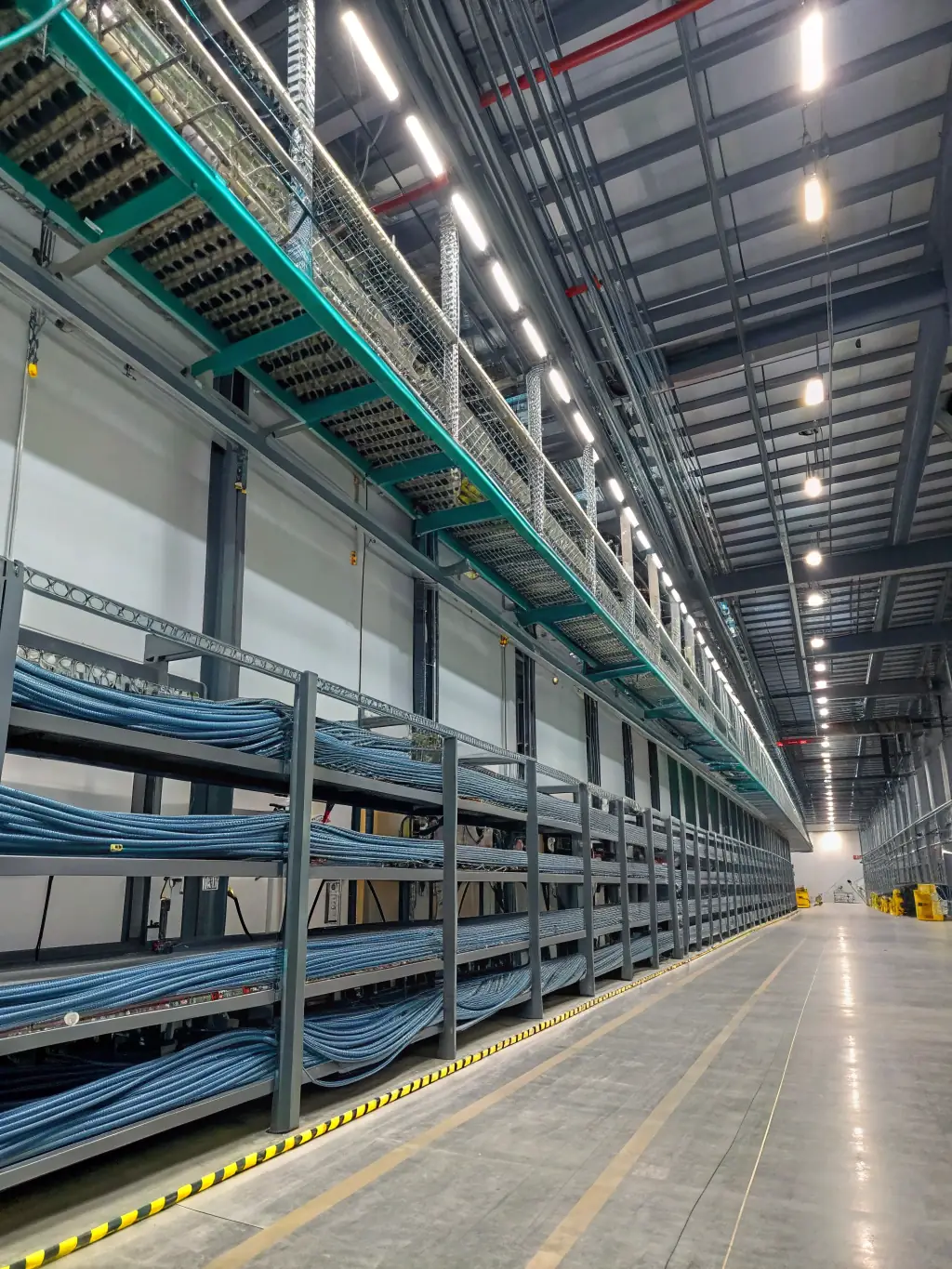 A photo showcasing the durable installation methods used for fiber optic cables in a warehouse, highlighting cable trays and protective measures.