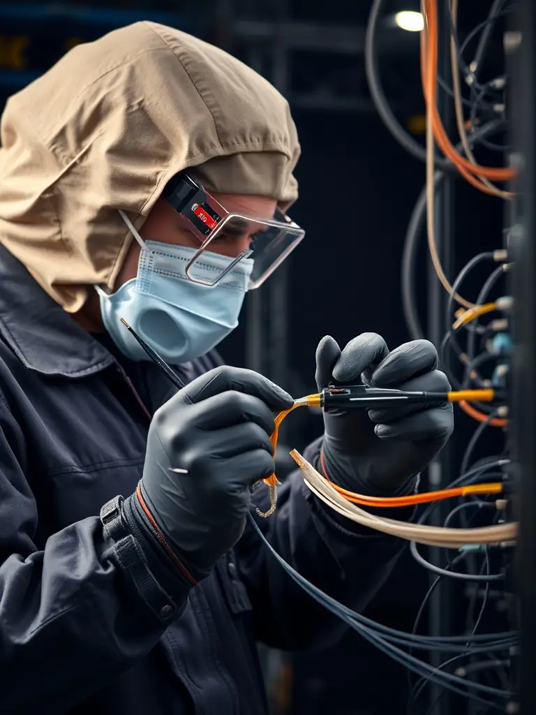A technician performing fusion splicing on fiber optic cables, showcasing the precision and expertise required for creating reliable and low-loss connections.