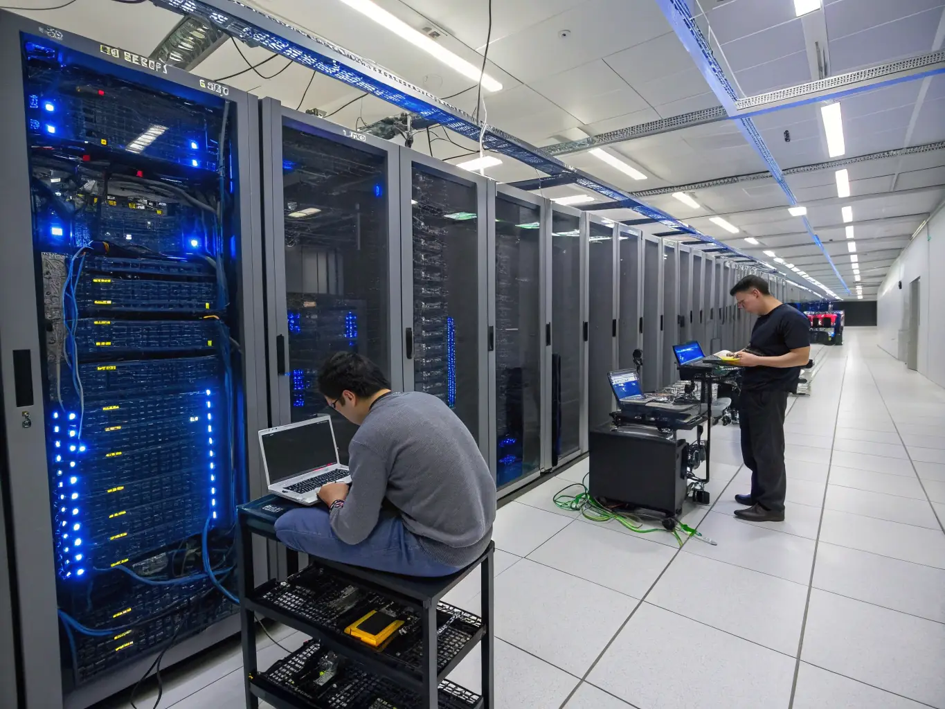 A close-up shot of a Fluke Networks DSX CableAnalyzer being used by a technician in a data center environment, focusing on the screen displaying test results.
