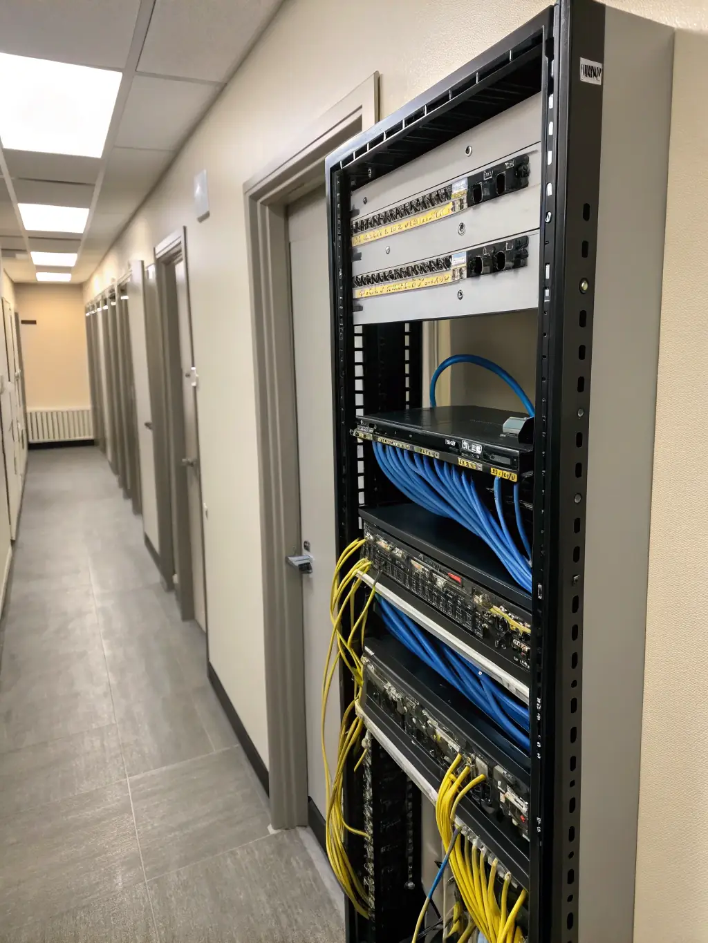 A detailed image of a well-organized IDF (Intermediate Distribution Frame) in a warehouse setting.