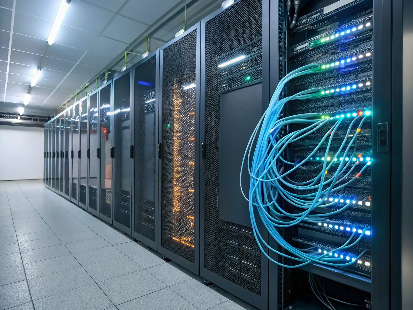 A clean and organized high-density fiber cabling installation in a data center, showcasing neat cable management and optimal airflow.
