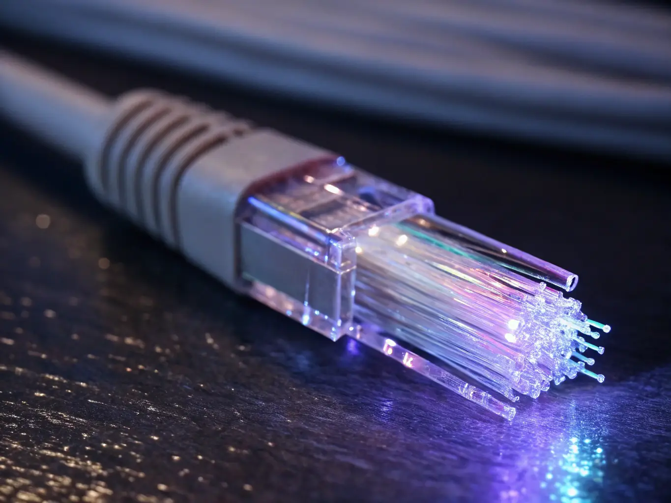 An image showcasing a multi mode fiber optic cable with a wider core, illustrating multiple light paths and its suitability for shorter distances and high-bandwidth applications within buildings.