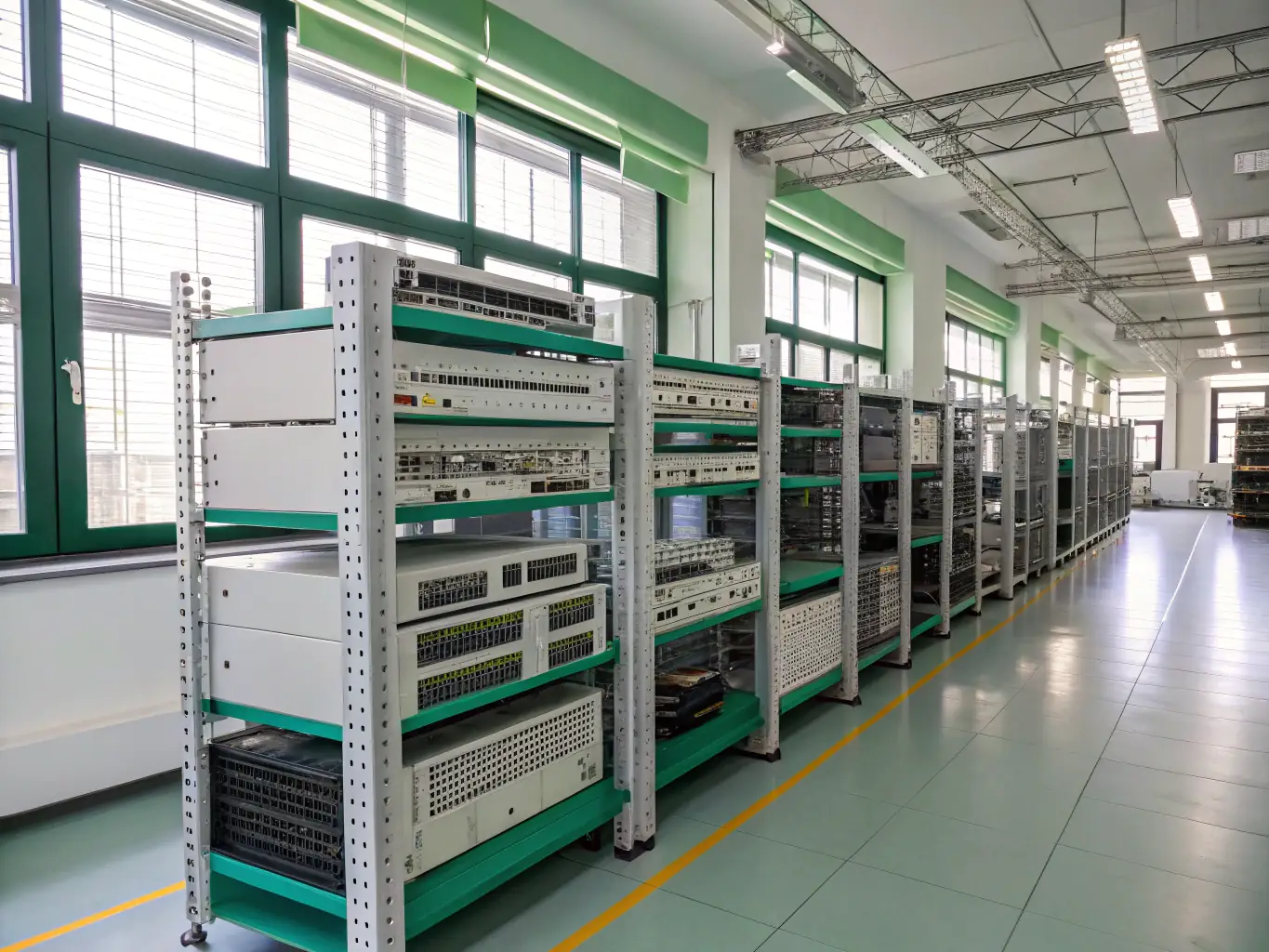 A wide shot of a large warehouse facility with fiber optic cables running throughout, demonstrating the ability to support extensive networks.