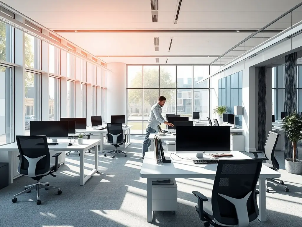 A modern office space with structured cabling, showcasing the use of multi mode fiber for connecting devices within the building.