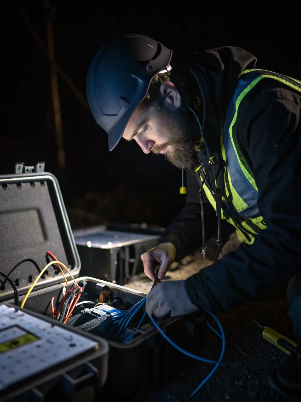 A technician using an OTDR (Optical Time Domain Reflectometer) to test the integrity and performance of a newly spliced fiber optic cable. The OTDR screen displays detailed test results.