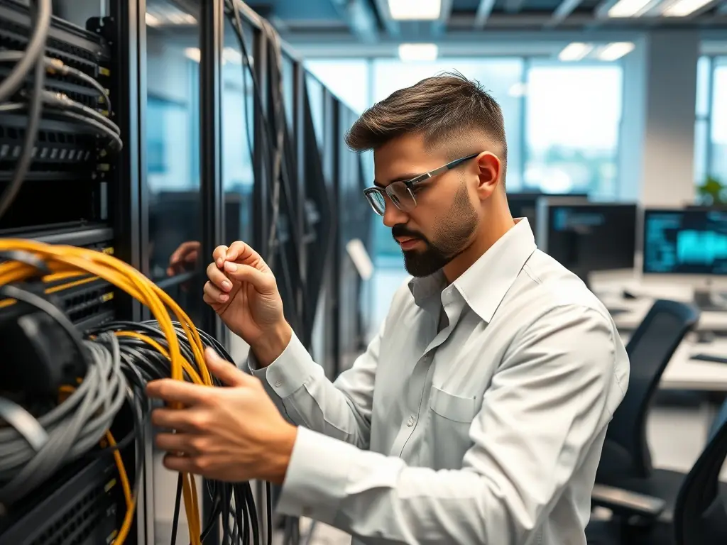 An image of a technician carefully routing and securing fiber optic cables in a commercial building, demonstrating clean cable routing practices.