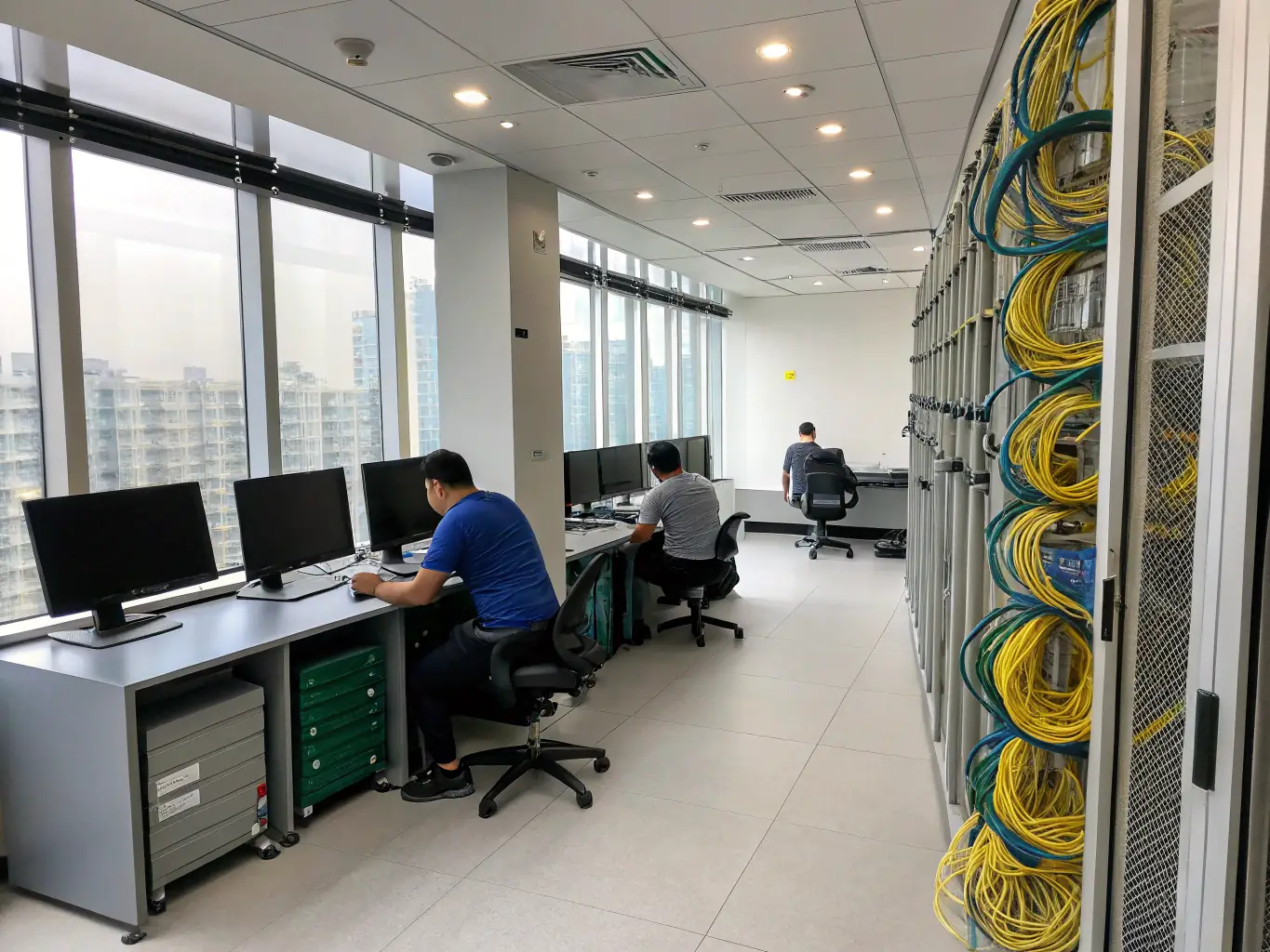 A modern retail space with visible, yet discreet, fiber optic cabling ensuring reliable connectivity for point-of-sale systems and customer Wi-Fi.
