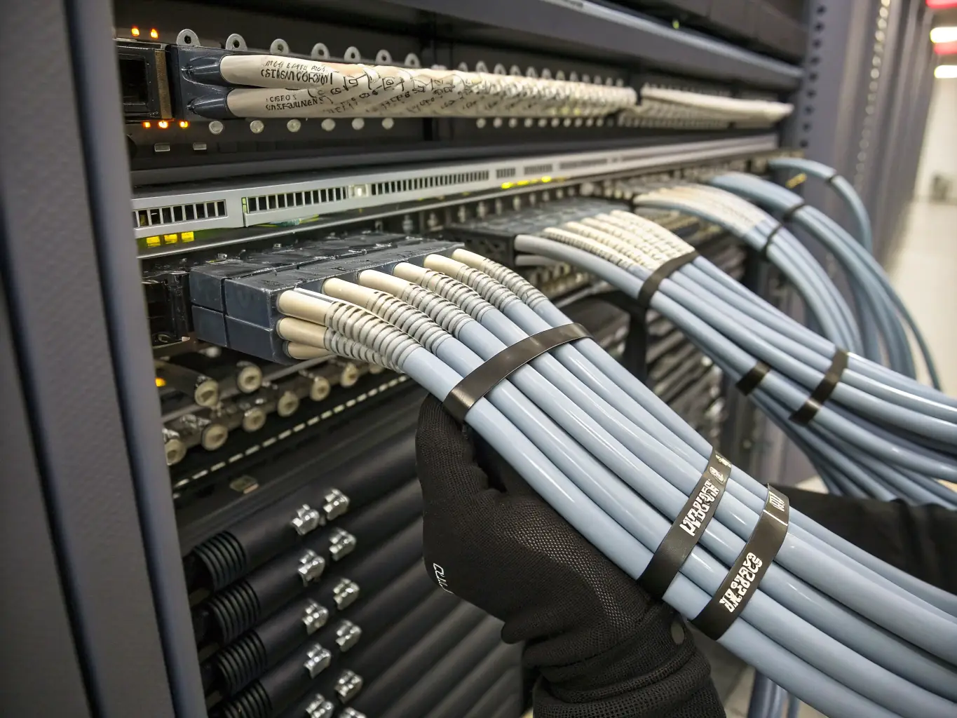An image depicting the connection of fiber optic cables within an IDF/MDF room in a warehouse, emphasizing the precision and organization of the connections.