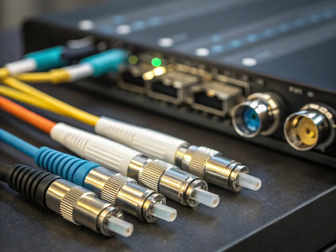 An image of various fiber optic connectors and termination tools, showcasing the meticulous process of fiber termination and the variety of connectors used.