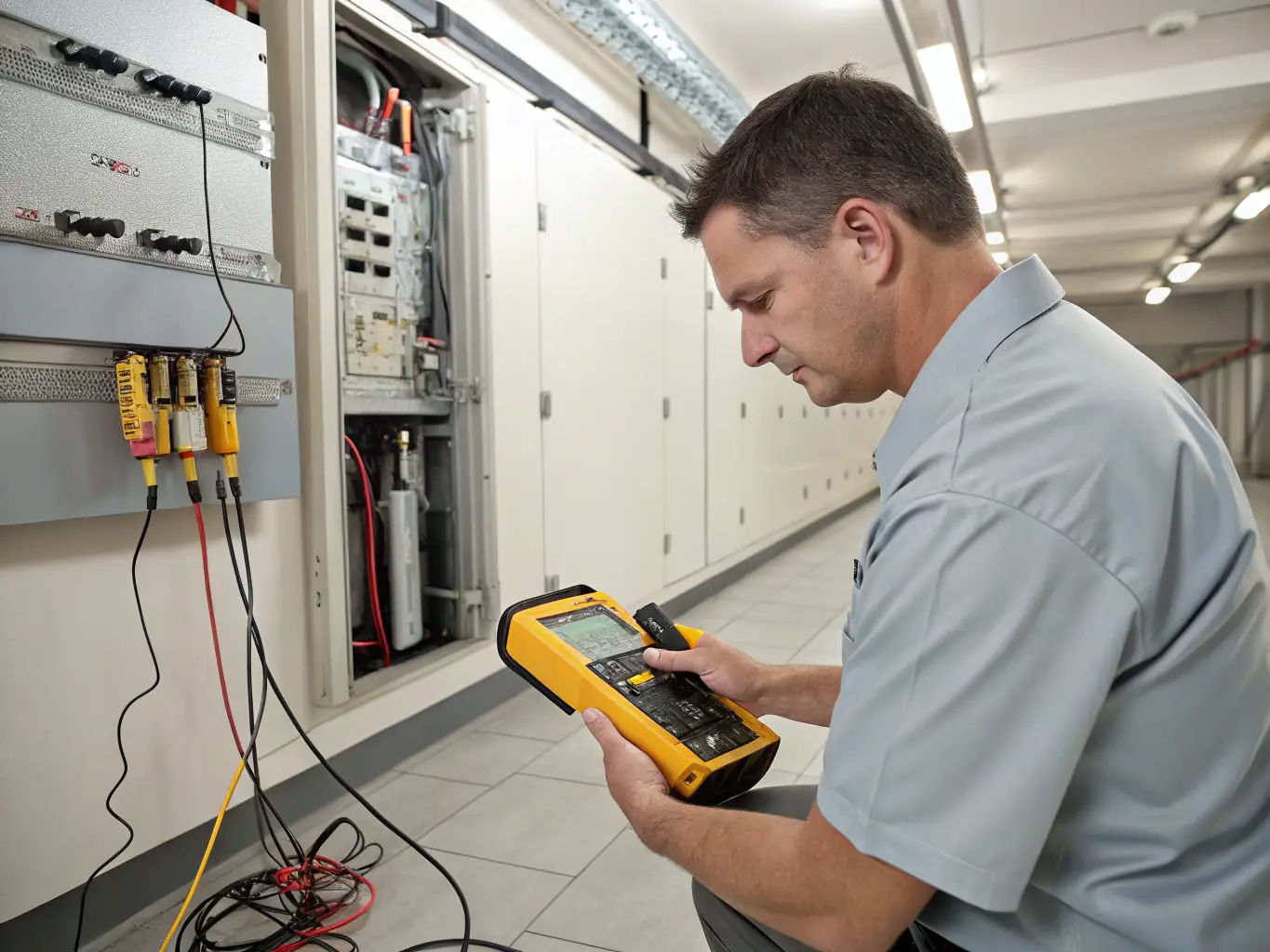 An OTDR (Optical Time Domain Reflectometer) being used to diagnose a fiber optic cable issue, demonstrating advanced diagnostic capabilities.