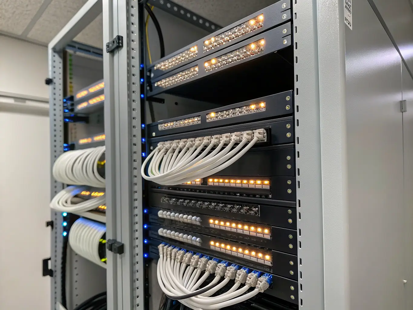A close-up shot of neatly organized and labeled fiber optic cables in a data center, showcasing clean cable management and adherence to labeling standards.