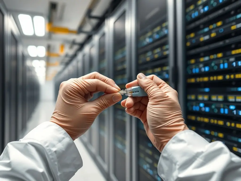 A high-resolution image depicting a technician expertly splicing fiber optic cables in a clean, well-lit data center environment, showcasing precision and attention to detail.