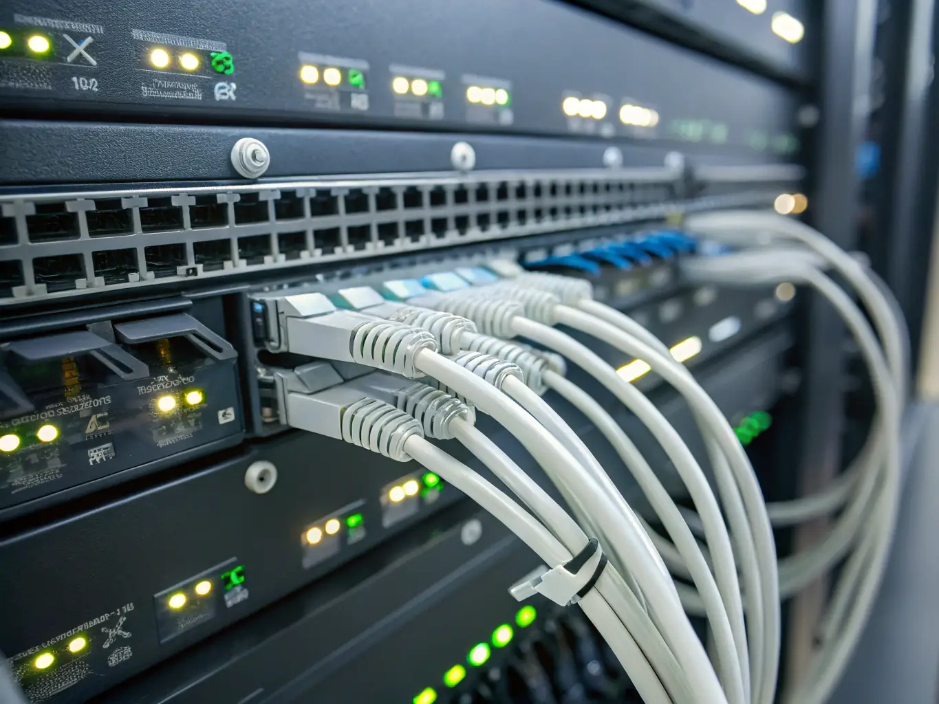 A high-density patch panel installation in a data center, highlighting the precision and organization of fiber optic connections.