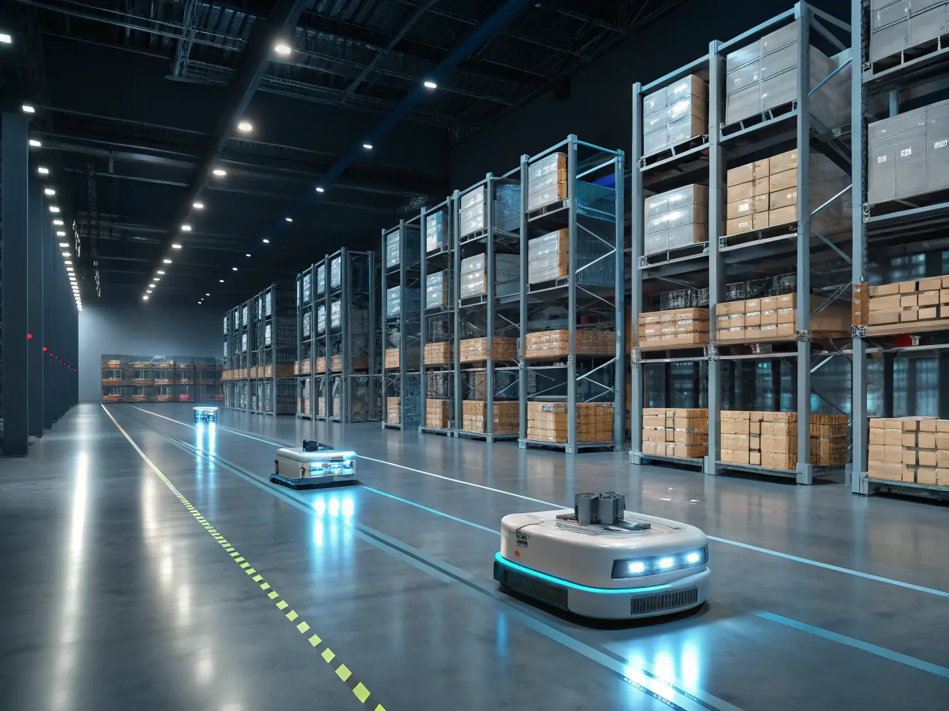 An image of automated guided vehicles (AGVs) navigating a warehouse floor, with fiber optic cables visible along the ceiling, powering the wireless communication for the AGV system.