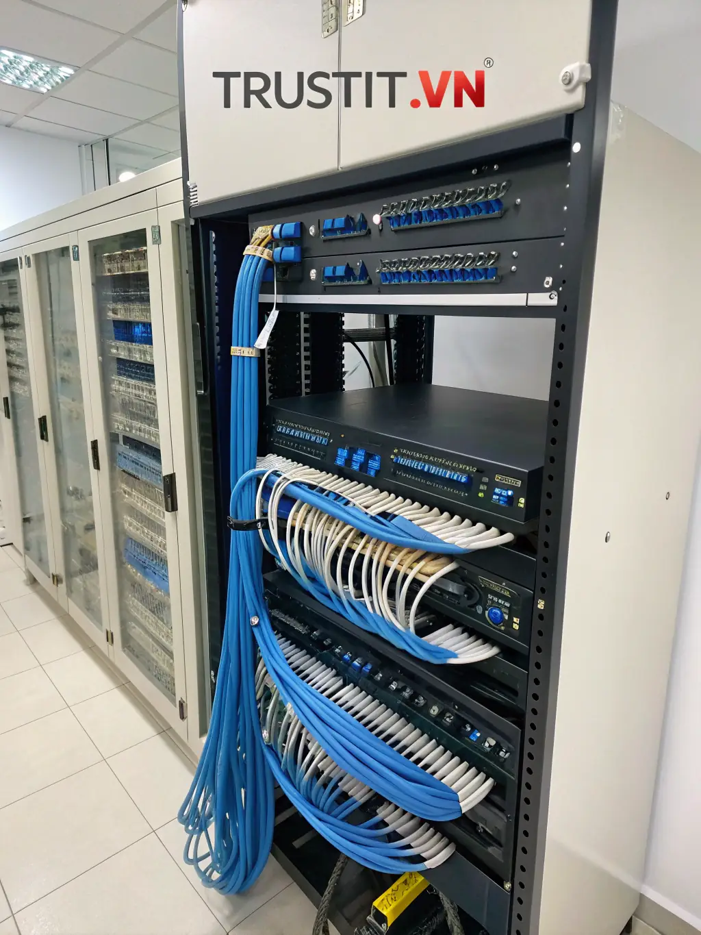 An image of a clean and organized fiber optic cable management system in a commercial building, emphasizing the importance of proper labeling and documentation.