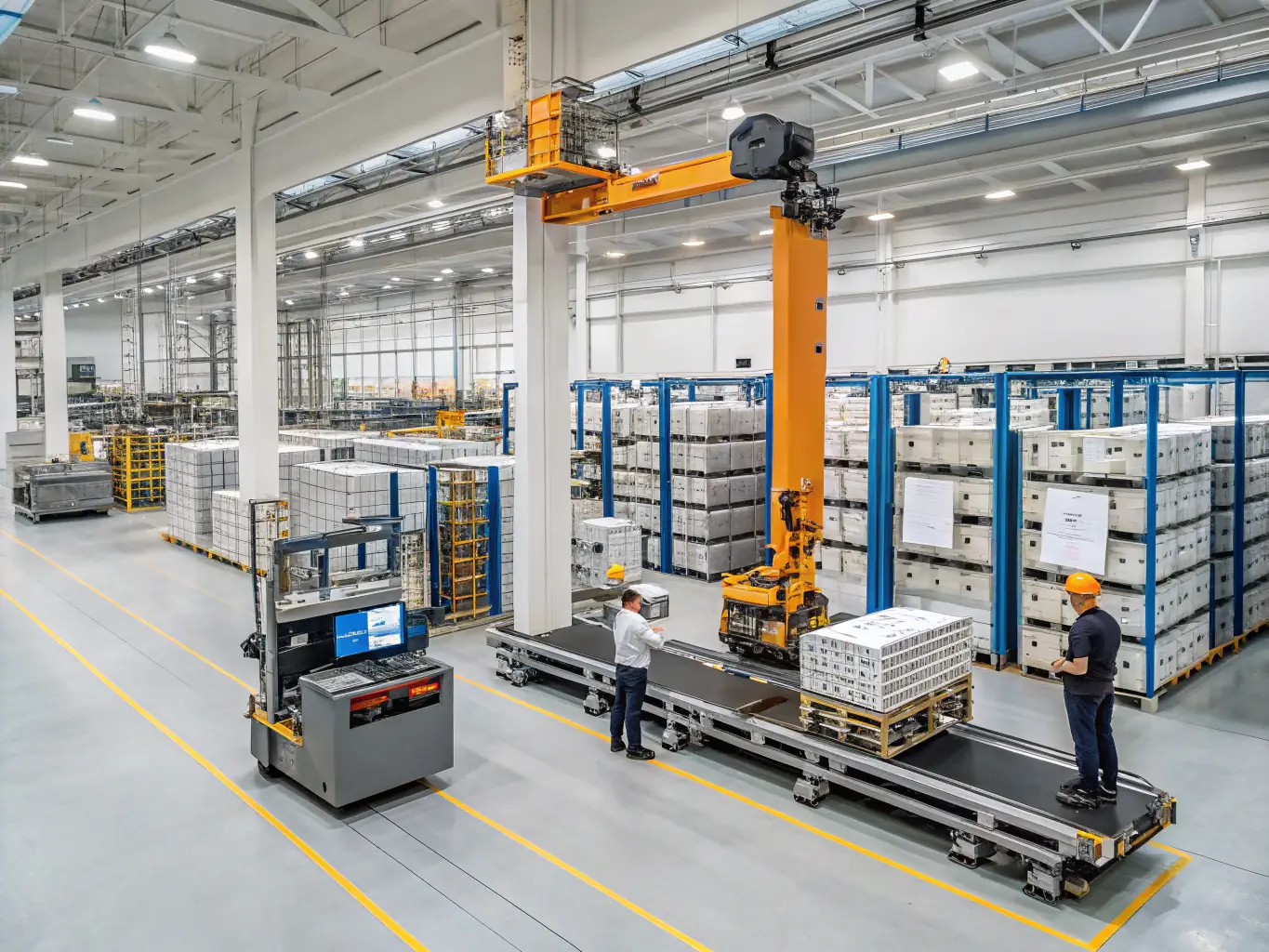 A sprawling warehouse with automated systems connected via fiber optic cables, highlighting the efficiency and reliability of the network.