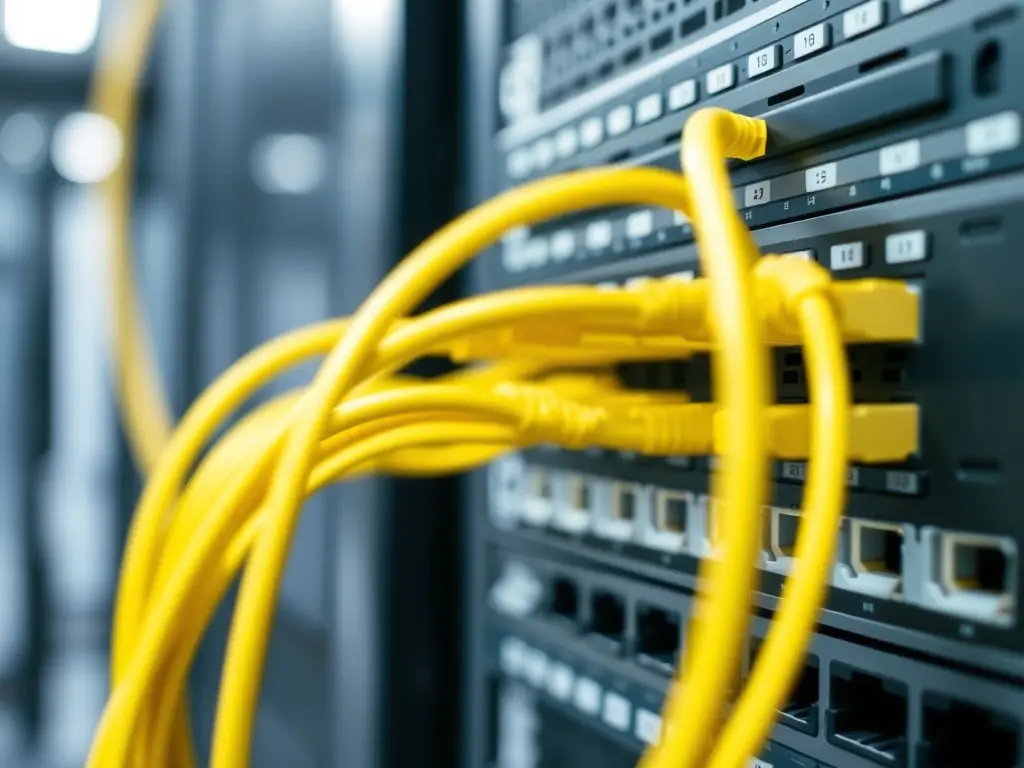 A detailed close-up shot of a neatly organized fiber optic patch panel in a data center, showcasing various color-coded fiber cables connected to the ports. The image emphasizes the precision and organization involved in fiber optic termination and management.