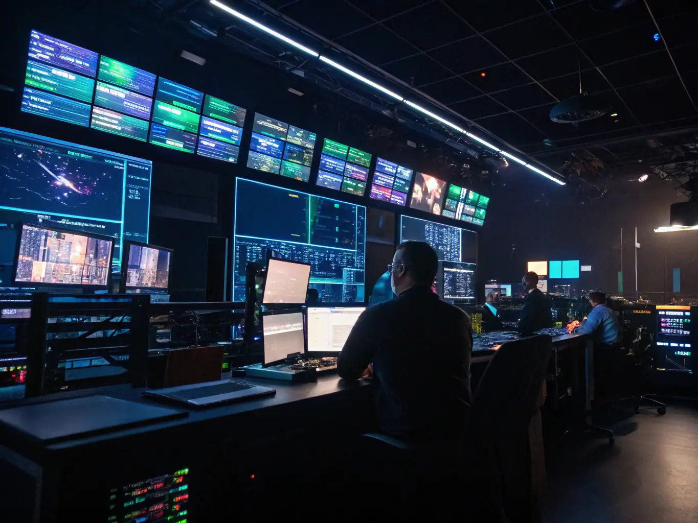 A wide shot of a distribution center's control room, showcasing multiple monitors displaying real-time data analytics and warehouse management system interfaces, highlighting the importance of high-speed data transfer.