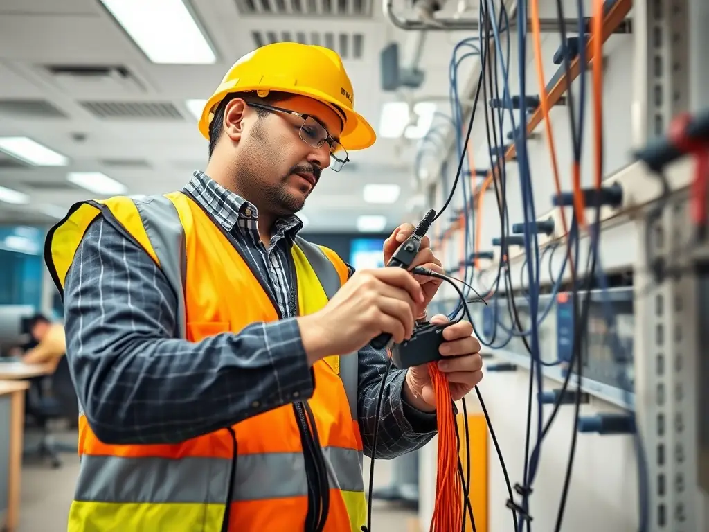 A professional fiber optic technician is installing a new fiber cable in a commercial building, showcasing the modern technology and infrastructure that Affirm financing can help businesses acquire.
