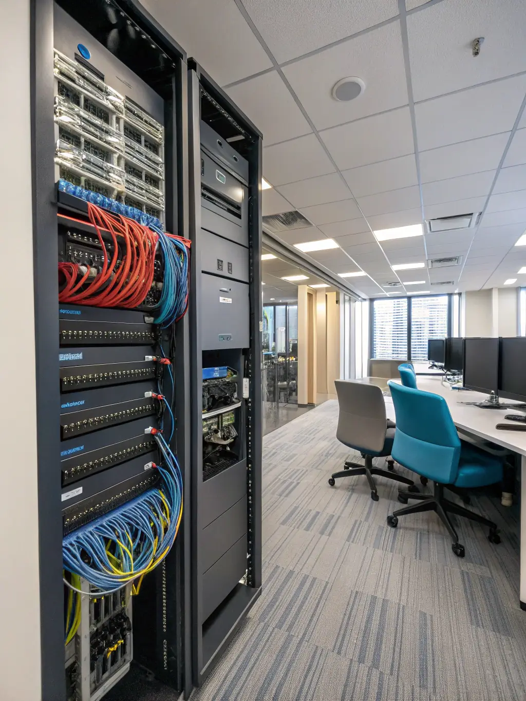 A wide shot of a warehouse interior, showcasing neatly installed multi-mode fiber optic cables running along the ceiling, providing high-speed connectivity for warehouse automation systems.