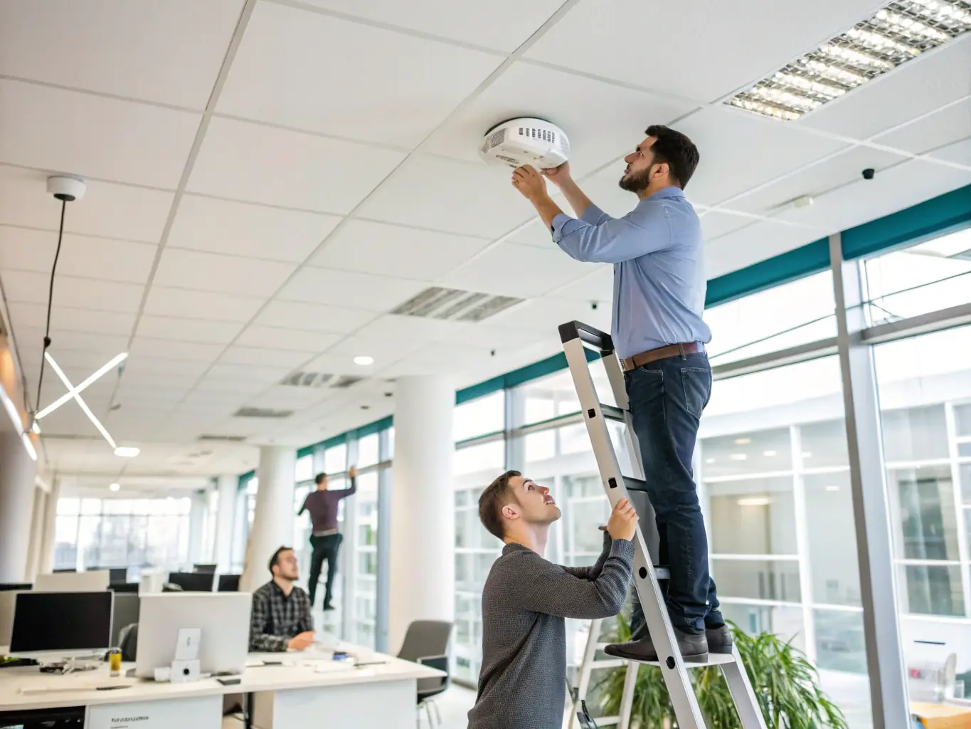 A team of technicians installing a wireless network in a modern office, emphasizing the importance of seamless connectivity for business operations.