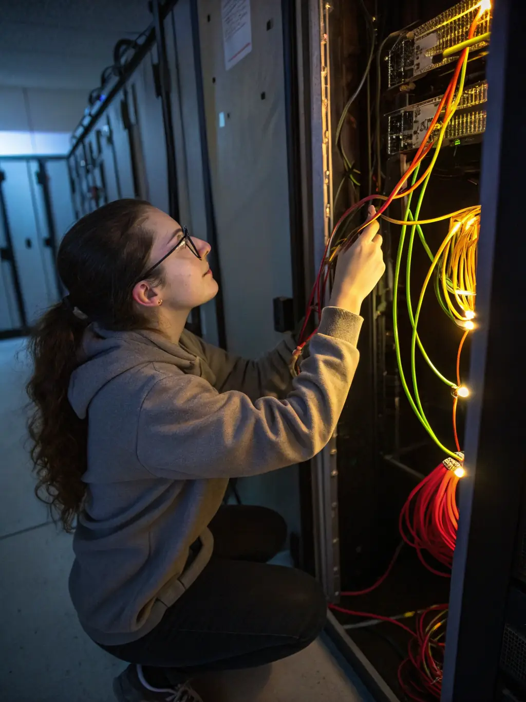 A close-up shot of a technician meticulously inspecting fiber optic cables before splicing, ensuring they are free from damage and properly aligned. The setting is a well-lit data center environment.