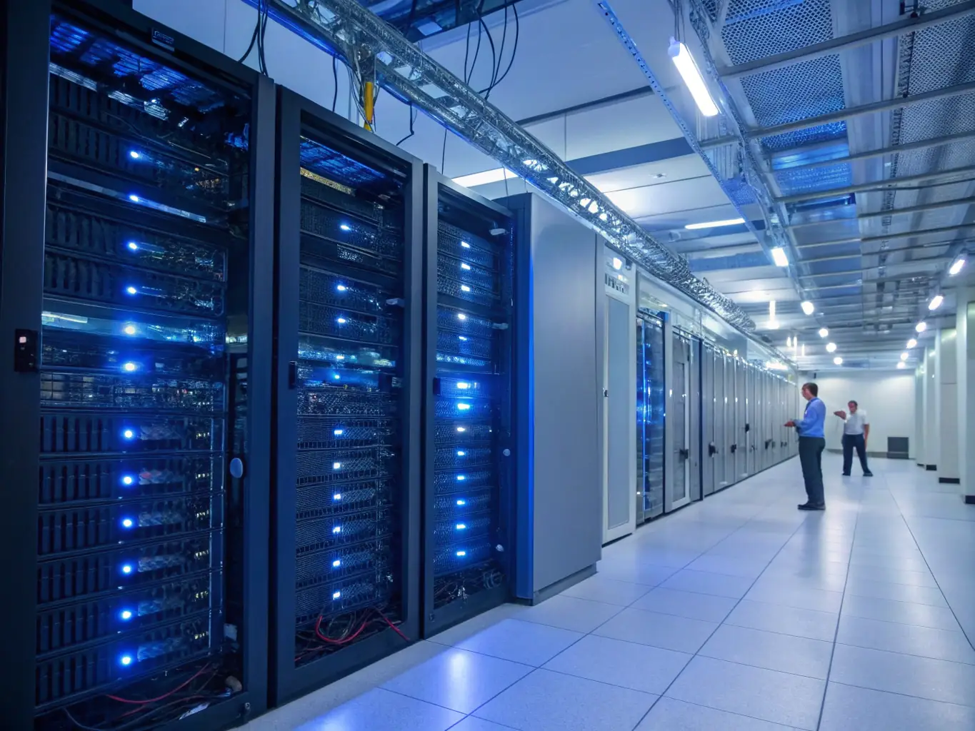 A high-resolution image depicting a data center environment with neatly organized fiber optic cables, highlighting the use of single mode fiber for long-distance data transmission.