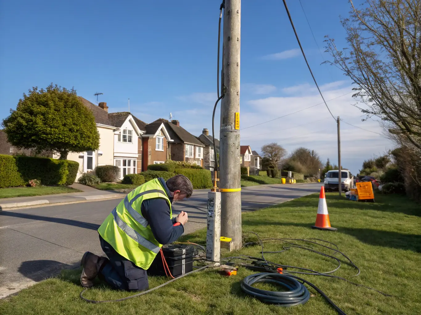 A damaged fiber optic cable being repaired outdoors, highlighting the challenges of field repairs and the expertise required.