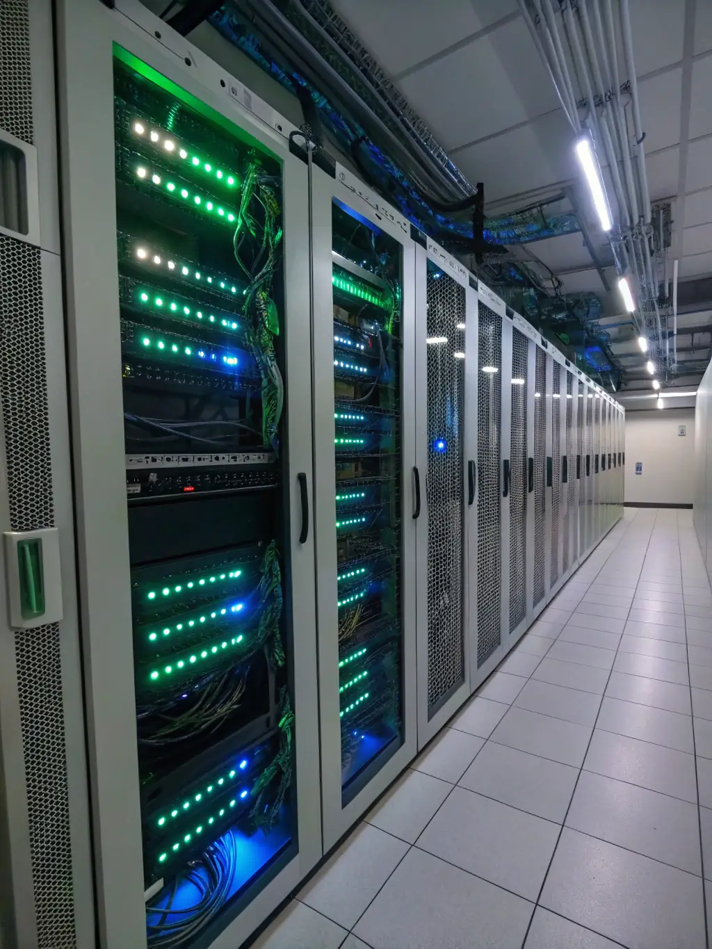 A professional photo of a commercial building's network room with neatly organized fiber optic cables and equipment, representing the initial assessment phase of a project.