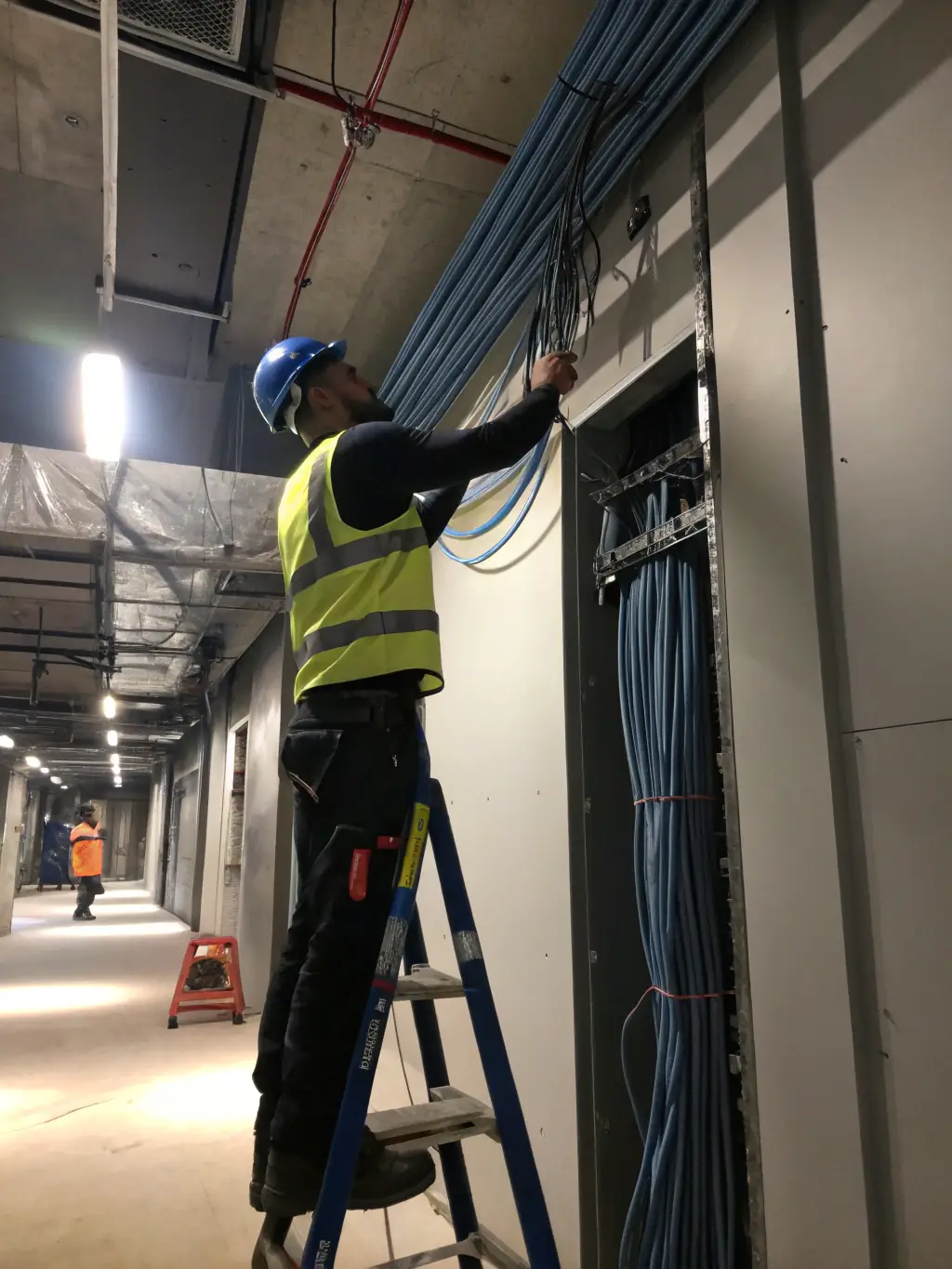 A photo showing a team of technicians efficiently working on a fiber optic installation project in a commercial setting, emphasizing the speed and efficiency of their work.