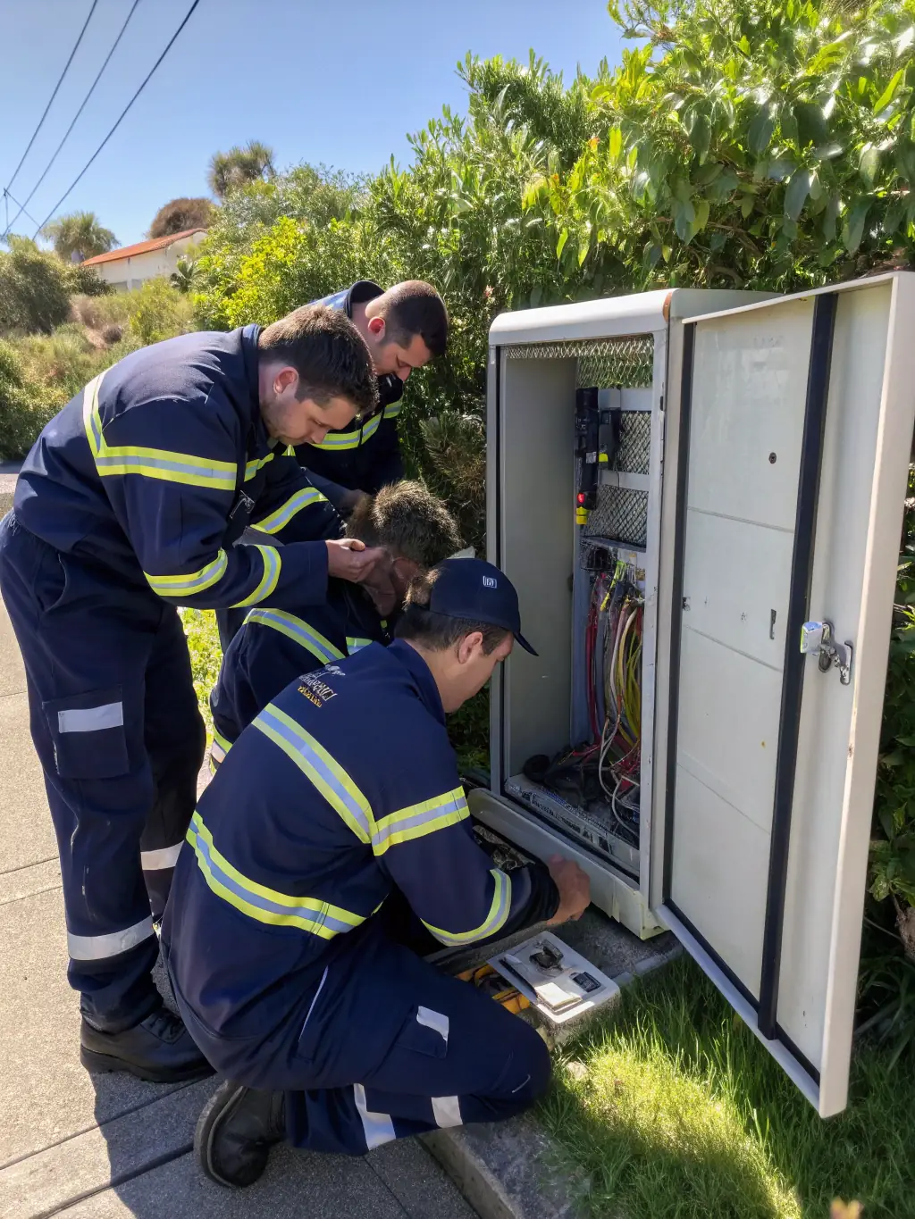 A construction site where technicians are carefully burying underground fiber optic cables, highlighting the use of specialized equipment and adherence to safety protocols.