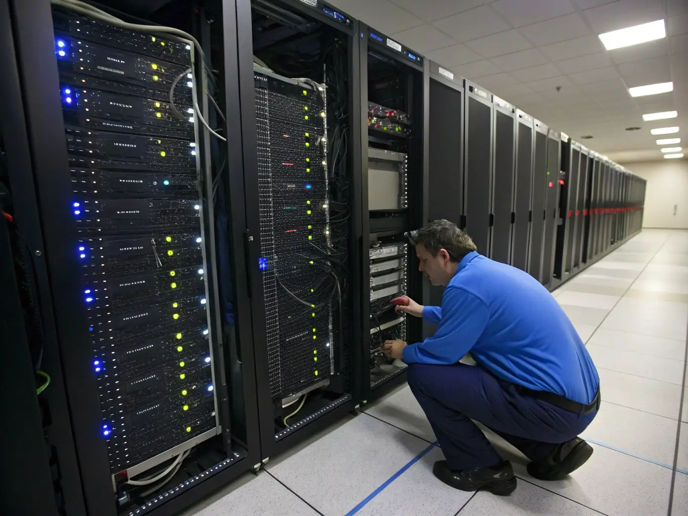 An image of a well-organized MDF/IDF room buildout, showing the racks, LIUs, and fiber optic terminations.