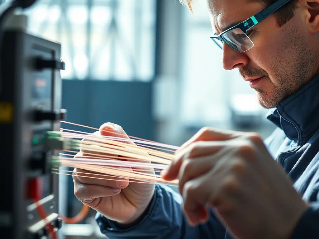 A photograph showing a technician splicing fiber optic cables in a warehouse environment, highlighting the precision and expertise involved in the process.