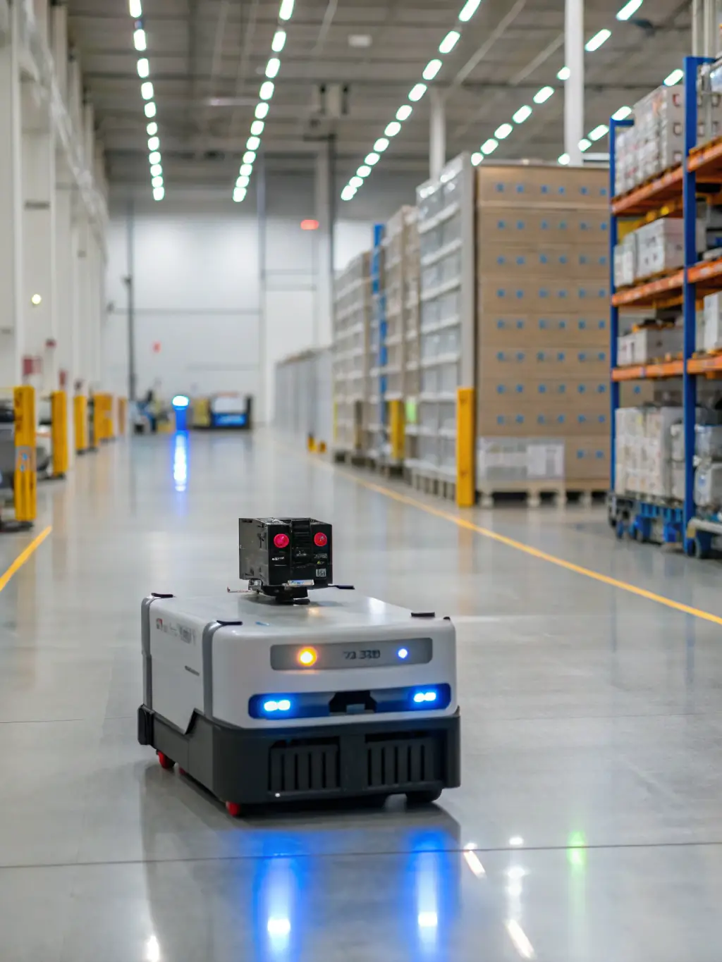 A large warehouse with automated systems and robots connected via fiber optic cables, enabling efficient and accurate inventory management and logistics.