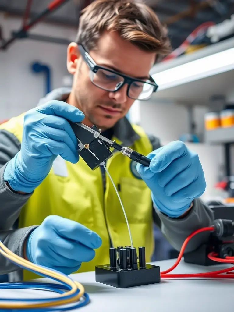 A close-up shot of a technician carefully splicing single-mode fiber optic cables in a clean, well-lit data center environment, emphasizing precision and attention to detail.