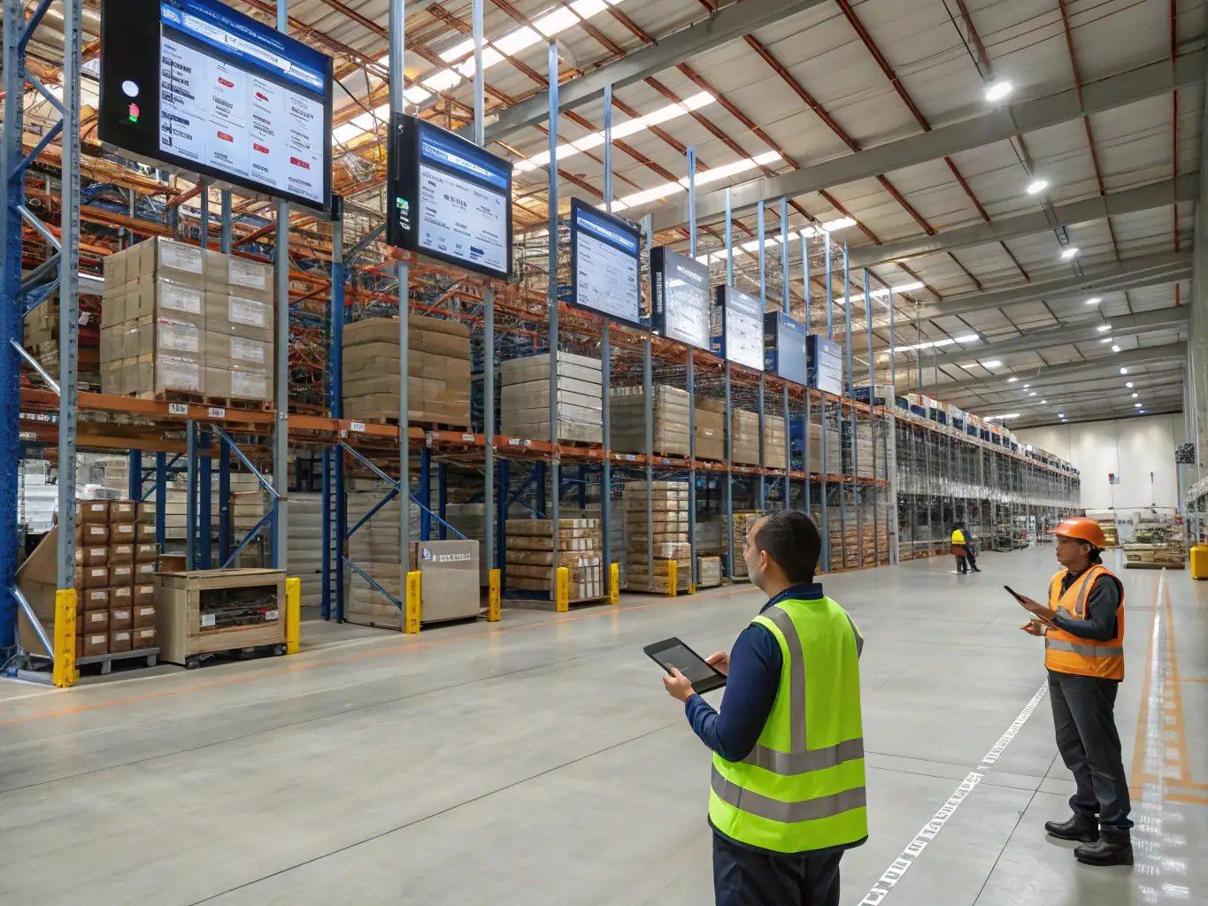 A wide shot of a modern warehouse interior, showcasing neatly organized racks and automated guided vehicles (AGVs) moving seamlessly. Fiber optic cables are subtly visible, highlighting the underlying network infrastructure that powers the warehouse's operations.