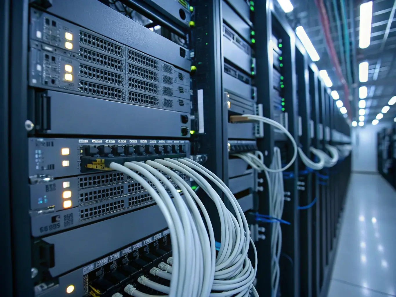 A meticulously organized data center cable management system, showcasing neatly arranged fiber optic cables in a modern data center environment.