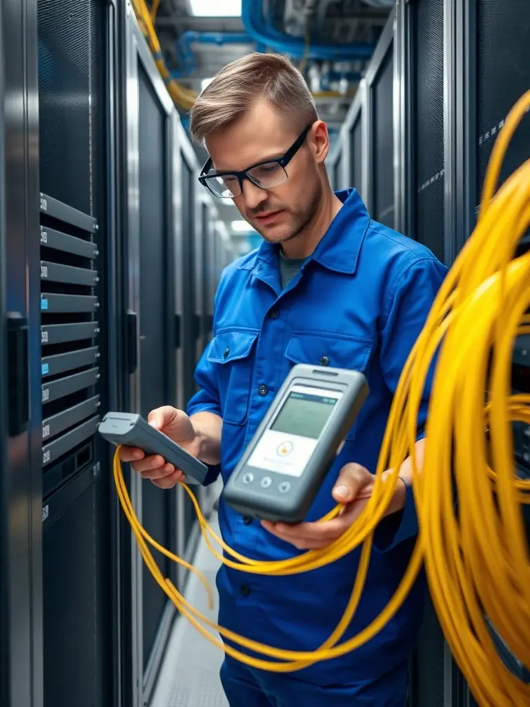 A technician using an OTDR (Optical Time Domain Reflectometer) to locate a fault in a fiber optic cable, showcasing the advanced technology used.