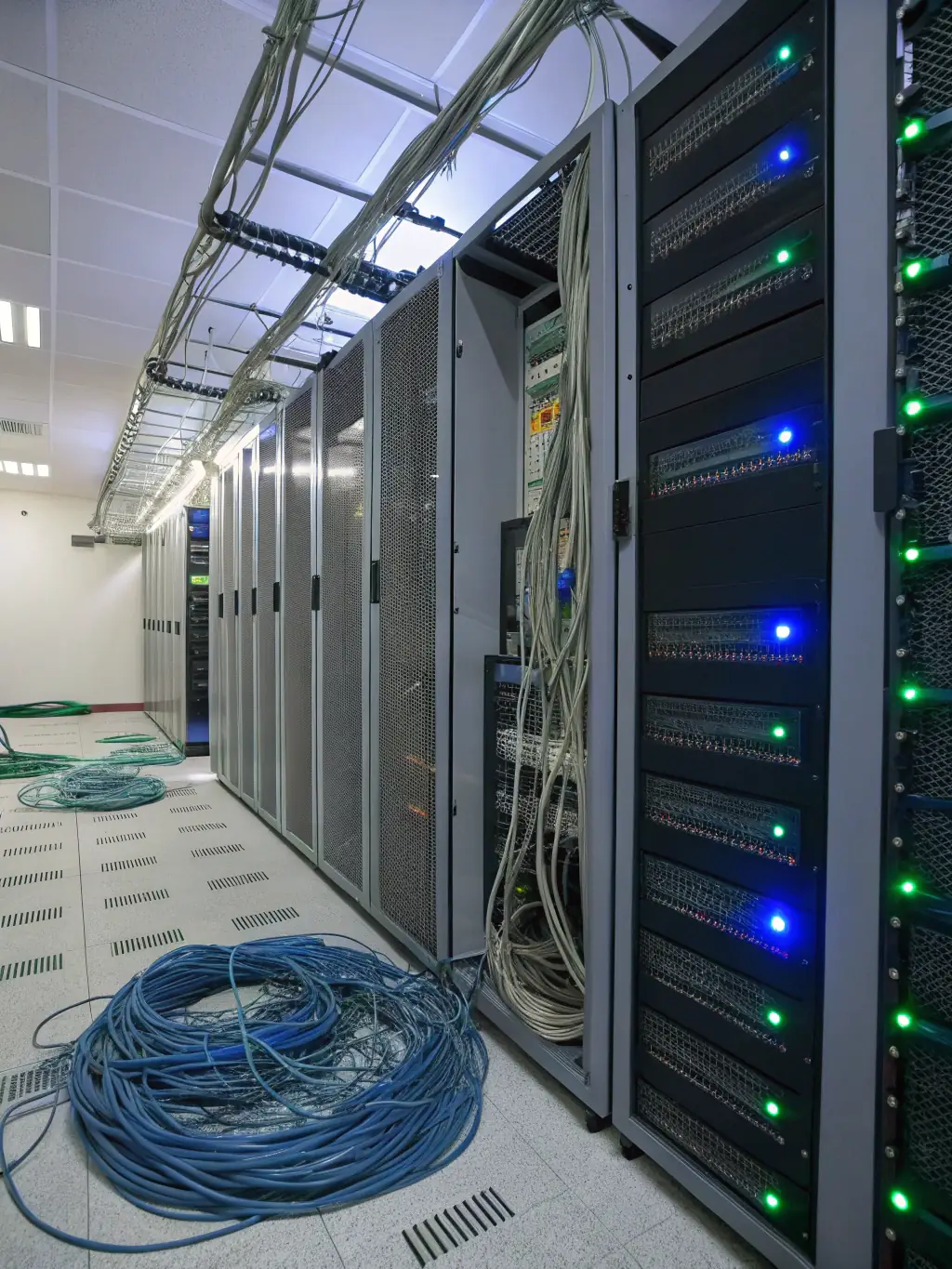 An image showcasing multi-mode fiber optic cables neatly organized within a server room, emphasizing the efficiency and reliability of multi-mode solutions for shorter distances.