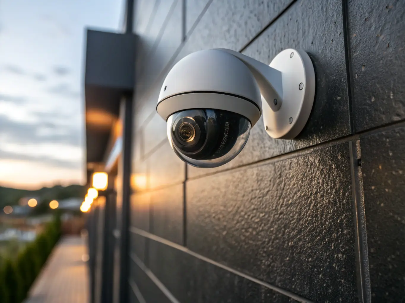 A close-up shot of a high-resolution security camera mounted in a warehouse, connected to a fiber optic cable, emphasizing the clarity and reliability of the video surveillance system.
