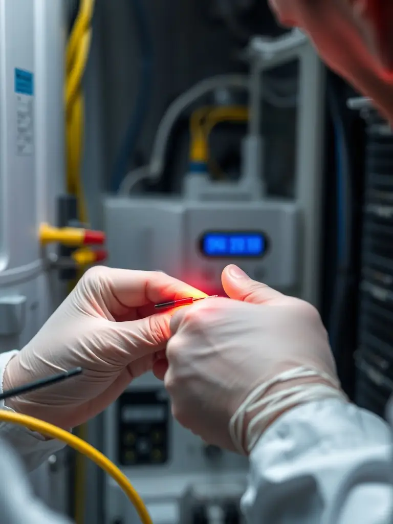 A close-up image of a fiber optic cable being tested with specialized equipment, highlighting the accuracy and reliability of Atlanta Fiber Optic's testing procedures.