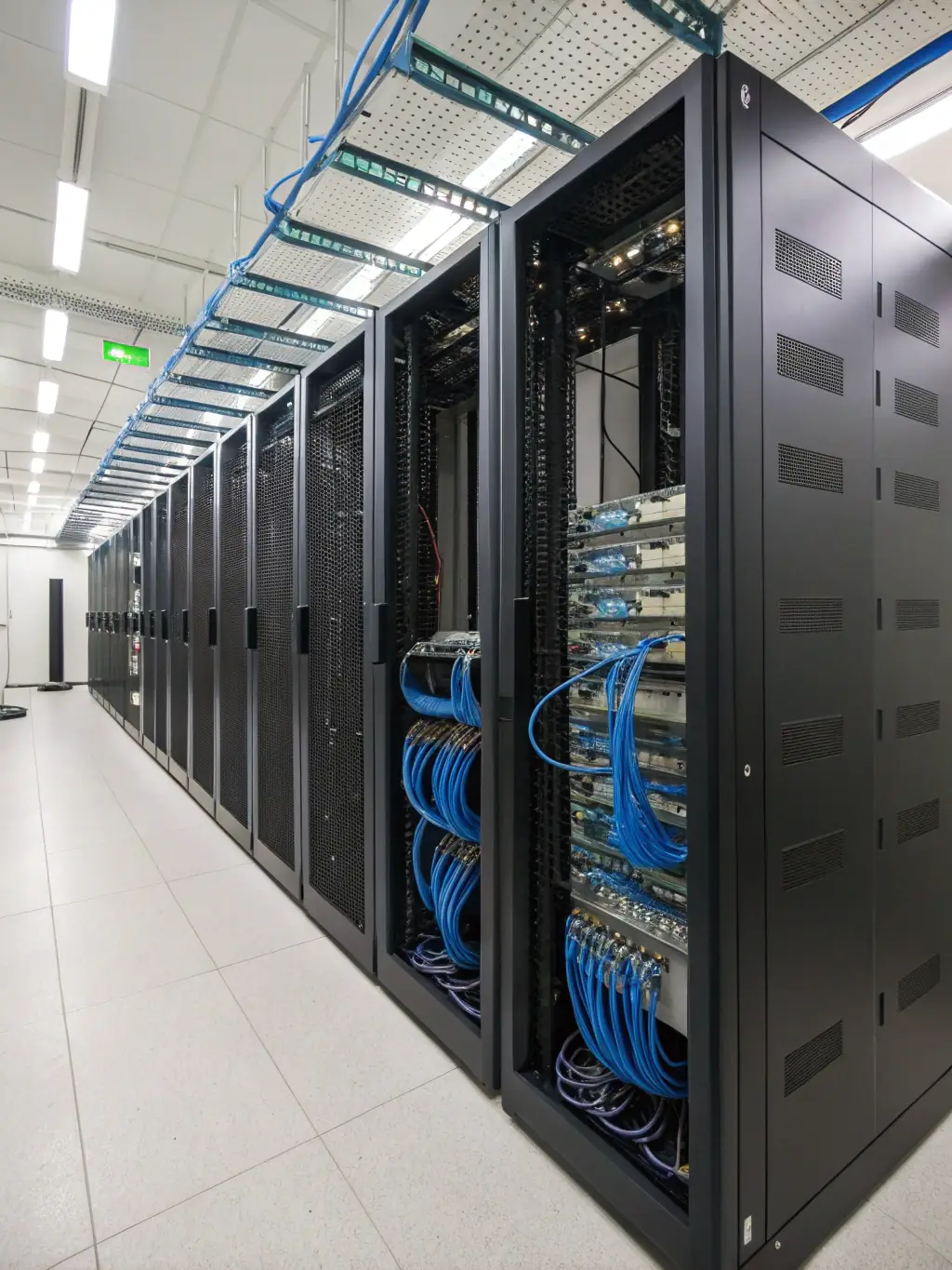 A brightly lit server room filled with neatly arranged fiber optic cables connecting various servers and networking equipment, showcasing the use of fiber optics in a data center environment.