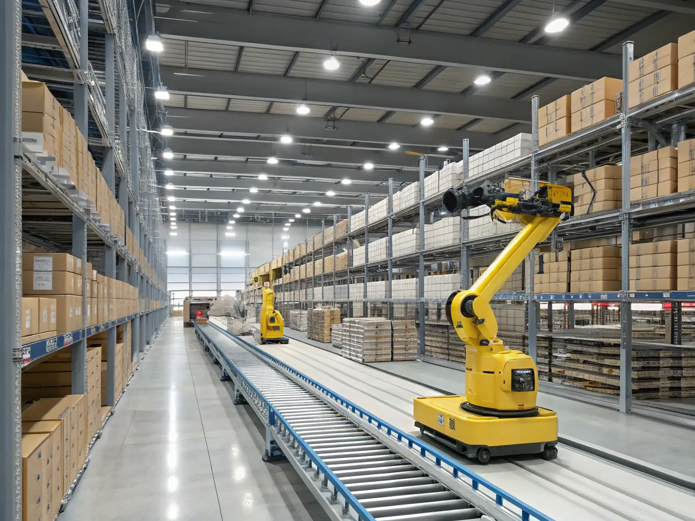 A vast warehouse interior with automated systems and fiber optic cables running along the ceiling, highlighting Atlanta Fiber Optic's solutions for warehouses and distribution centers.