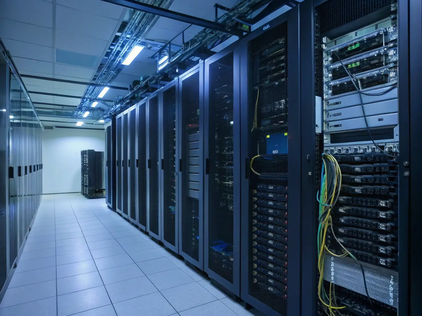 A detailed image of a fiber optic backbone cabling system within a data center, highlighting the structured cabling and high-density connections.