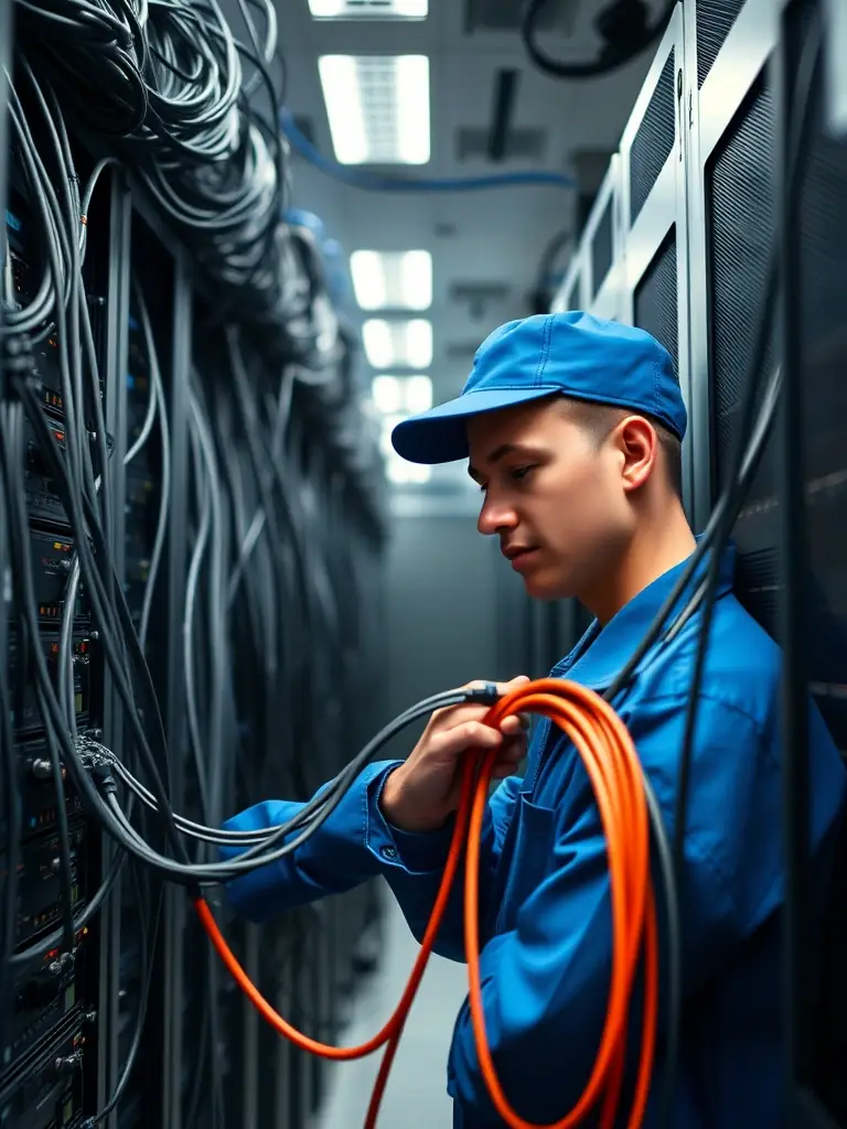 A photo of a technician working diligently on a fiber optic cable splice in a well-lit data center environment, showcasing precision and expertise.