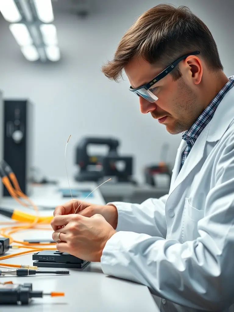 A fiber optic cable being spliced with precision in a commercial building, showcasing the meticulous work and attention to detail.
