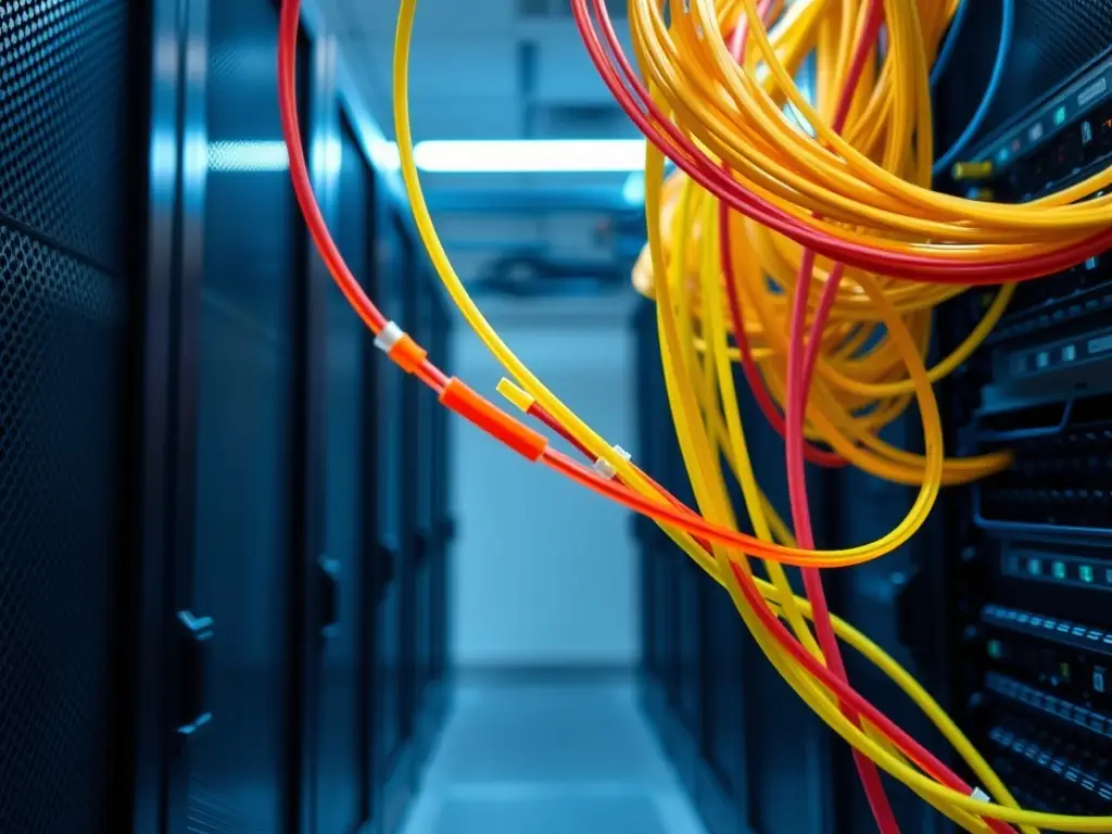 A clean, well-organized fiber optic cable tray in a data center, showcasing the meticulous installation and labeling provided by Atlanta Fiber Optic.