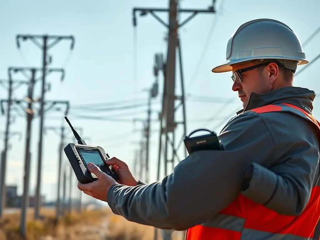 A technician using an OTDR (Optical Time Domain Reflectometer) to diagnose a fiber optic cable issue on-site at a commercial property.