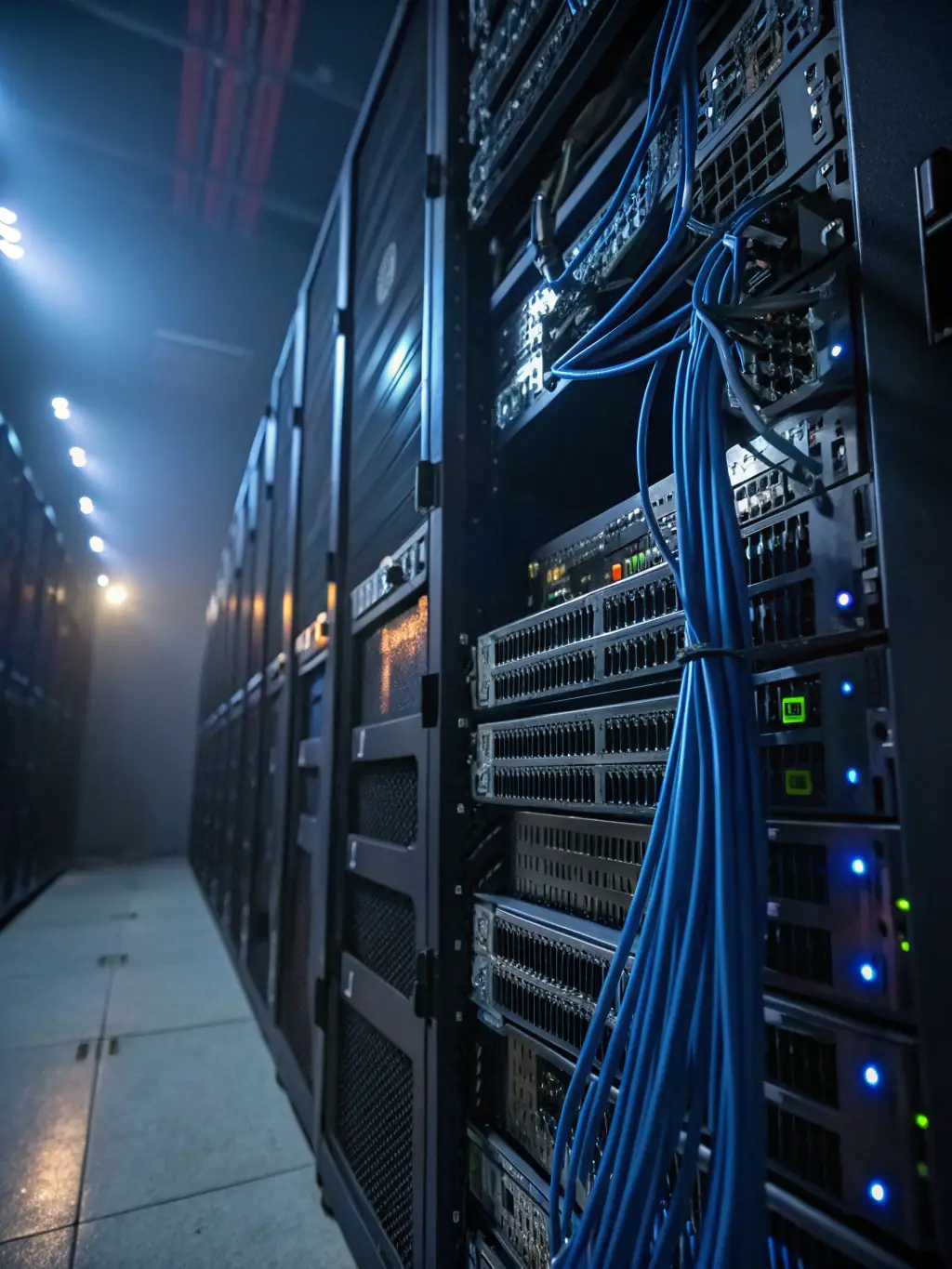 A wide shot of a modern data center showcasing a large-scale fiber optic network, representing Atlanta Fiber Optic's expertise in enterprise-grade solutions.