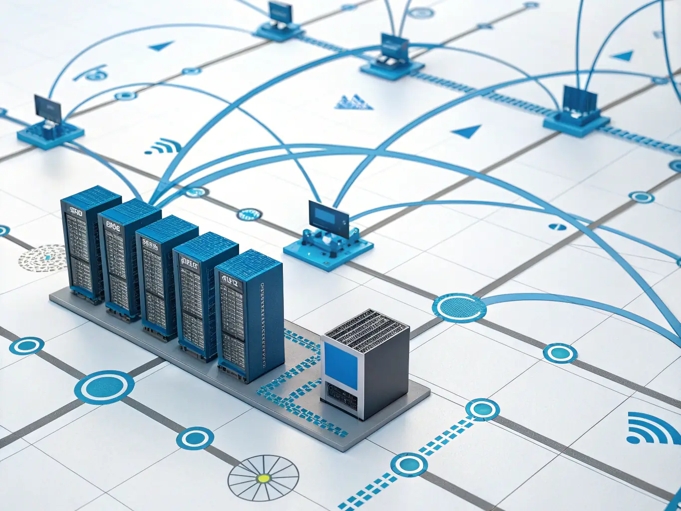 A diagram illustrating the scalability of a fiber optic network, showing how it can easily adapt to growing data center needs and future expansion.
